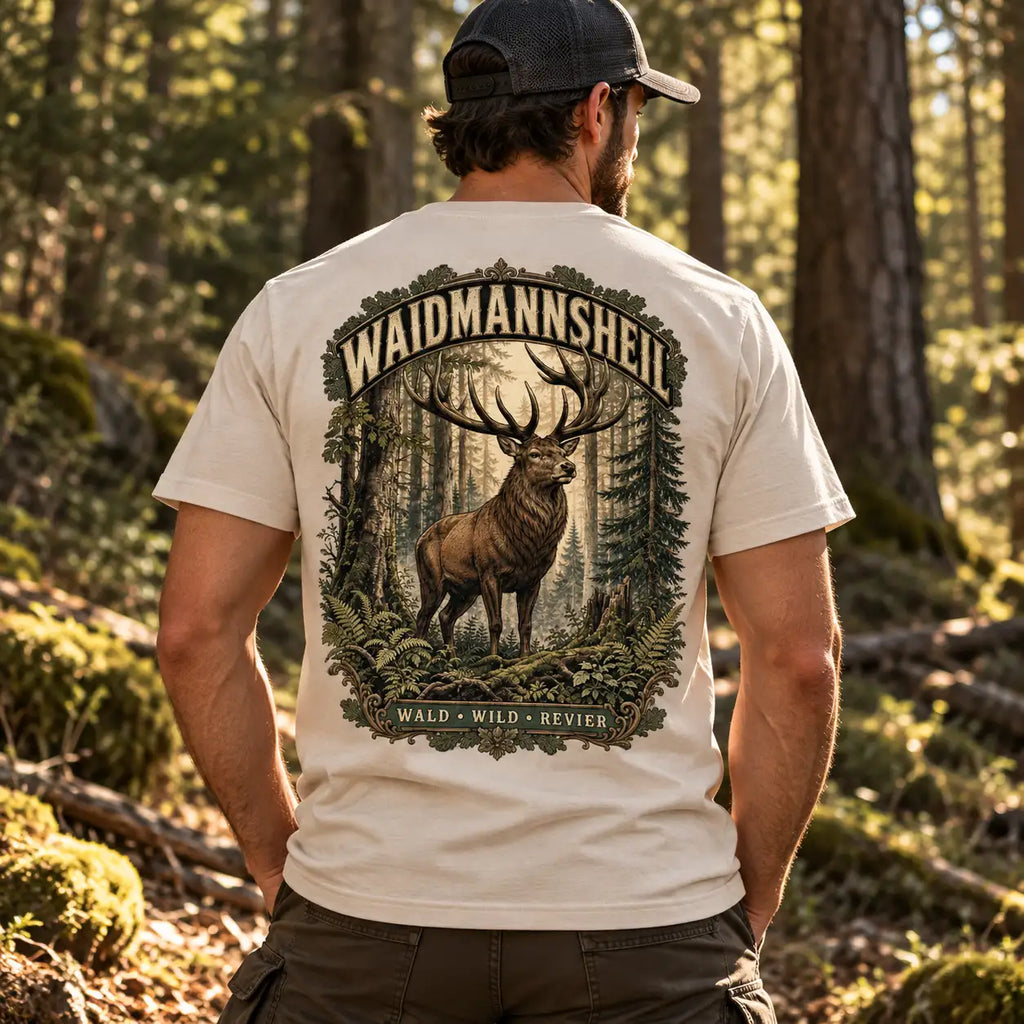 Waidmannsheil – Jäger T-Shirt mit Hirsch Backprint