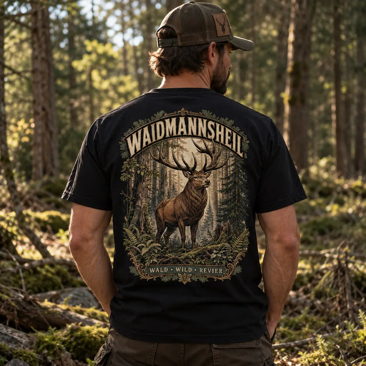 Waidmannsheil – Jäger T-Shirt mit Hirsch Backprint