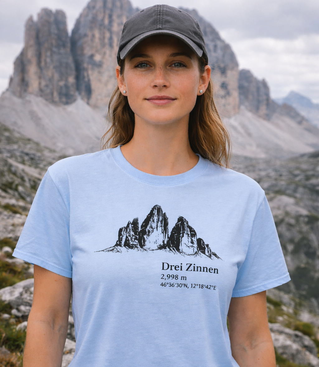 Outdoor Mountain Shirt – Drei Zinnen Alps Hiking Tee – Three Peaks Graphic Shirt – Nature Lover Gift