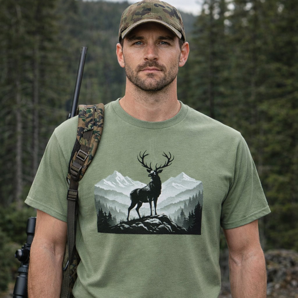 Jagd T-Shirt – Outdoor Jäger Shirt mit Hirsch & Bergmotiv | Nature Style