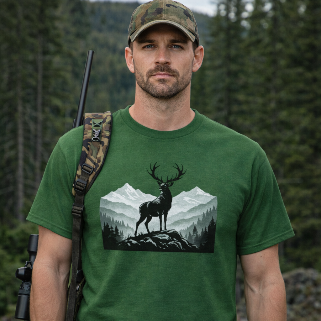 Jagd T-Shirt – Outdoor Jäger Shirt mit Hirsch & Bergmotiv | Nature Style