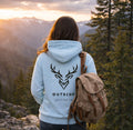 Outdoor Hoodie „Outside you'll find me“ – Hirsch Rückenprint Hoodie – Wander Hoodie – Natur Hoodie – Unisex Adventure Hoodie