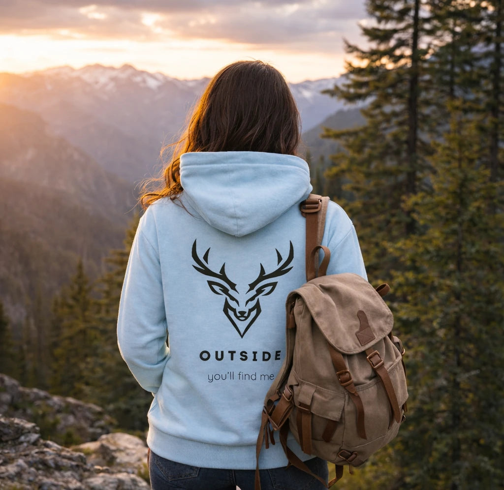 Outdoor Hoodie „Outside you'll find me“ – Hirsch Rückenprint Hoodie – Wander Hoodie – Natur Hoodie – Unisex Adventure Hoodie