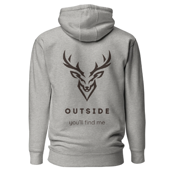 Outdoor Hoodie „Outside you'll find me“ – Hirsch Rückenprint Hoodie – Wander Hoodie – Natur Hoodie – Unisex Adventure Hoodie