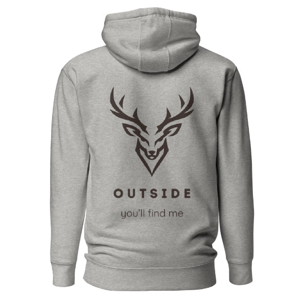 Outdoor Hoodie „Outside you'll find me“ – Hirsch Rückenprint Hoodie – Wander Hoodie – Natur Hoodie – Unisex Adventure Hoodie