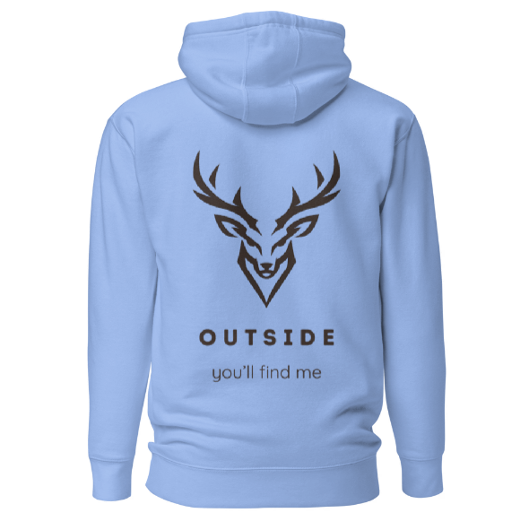Outdoor Hoodie „Outside you'll find me“ – Hirsch Rückenprint Hoodie – Wander Hoodie – Natur Hoodie – Unisex Adventure Hoodie