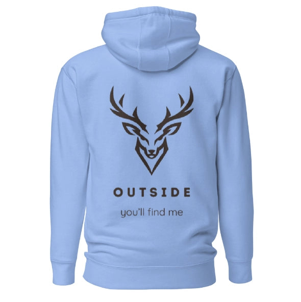 Outdoor Hoodie „Outside you'll find me“ – Hirsch Rückenprint Hoodie – Wander Hoodie – Natur Hoodie – Unisex Adventure Hoodie