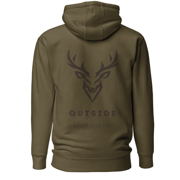 Outdoor Hoodie „Outside you'll find me“ – Hirsch Rückenprint Hoodie – Wander Hoodie – Natur Hoodie – Unisex Adventure Hoodie