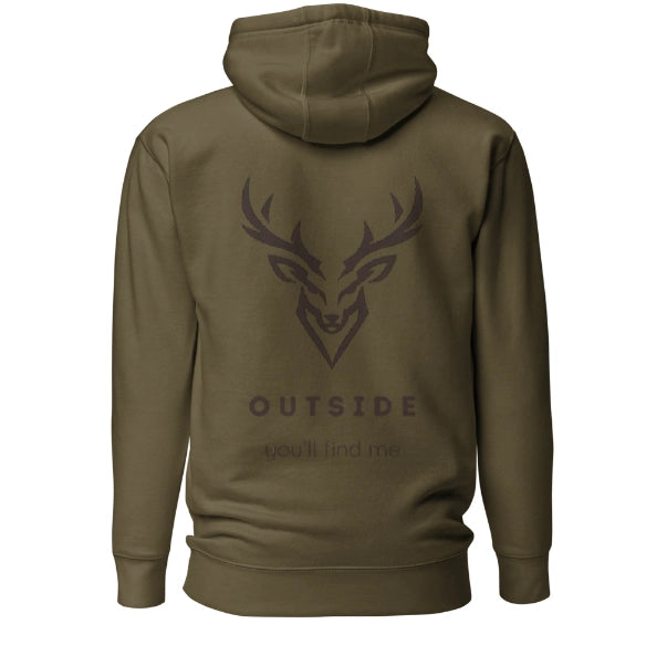 Outdoor Hoodie „Outside you'll find me“ – Hirsch Rückenprint Hoodie – Wander Hoodie – Natur Hoodie – Unisex Adventure Hoodie