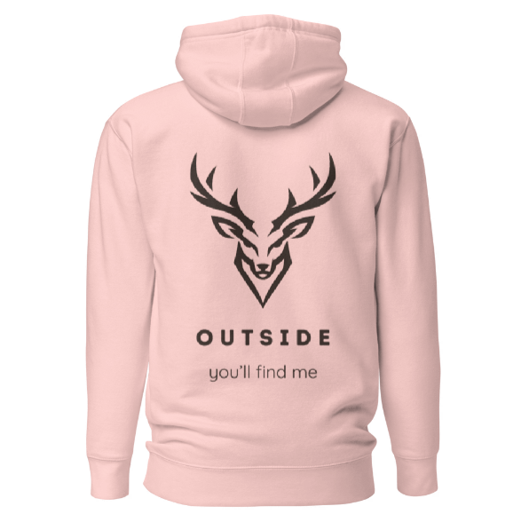 Outdoor Hoodie „Outside you'll find me“ – Hirsch Rückenprint Hoodie – Wander Hoodie – Natur Hoodie – Unisex Adventure Hoodie