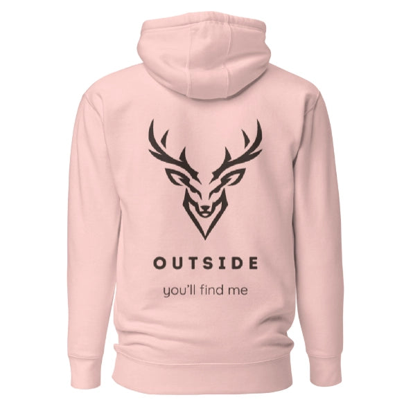 Outdoor Hoodie „Outside you'll find me“ – Hirsch Rückenprint Hoodie – Wander Hoodie – Natur Hoodie – Unisex Adventure Hoodie