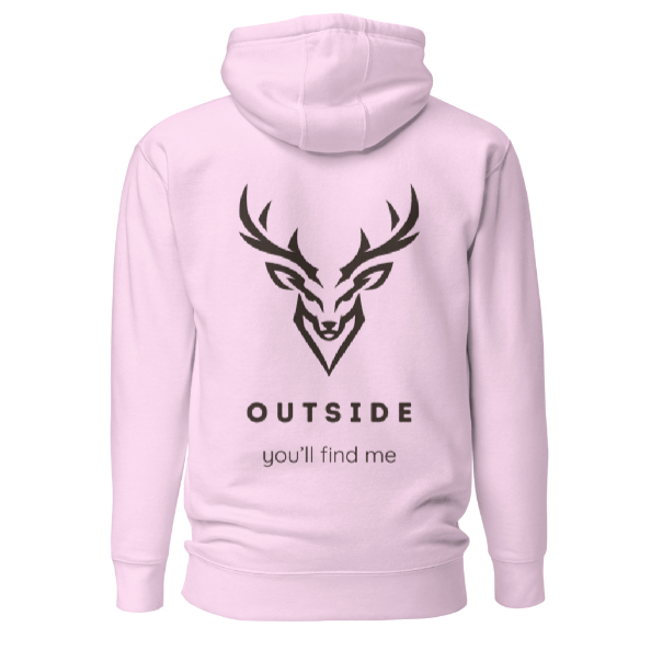 Outdoor Hoodie „Outside you'll find me“ – Hirsch Rückenprint Hoodie – Wander Hoodie – Natur Hoodie – Unisex Adventure Hoodie