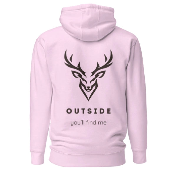 Outdoor Hoodie „Outside you'll find me“ – Hirsch Rückenprint Hoodie – Wander Hoodie – Natur Hoodie – Unisex Adventure Hoodie