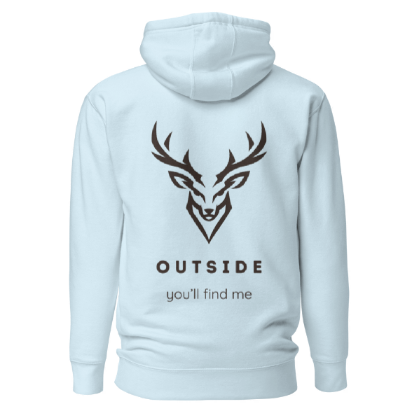 Outdoor Hoodie „Outside you'll find me“ – Hirsch Rückenprint Hoodie – Wander Hoodie – Natur Hoodie – Unisex Adventure Hoodie