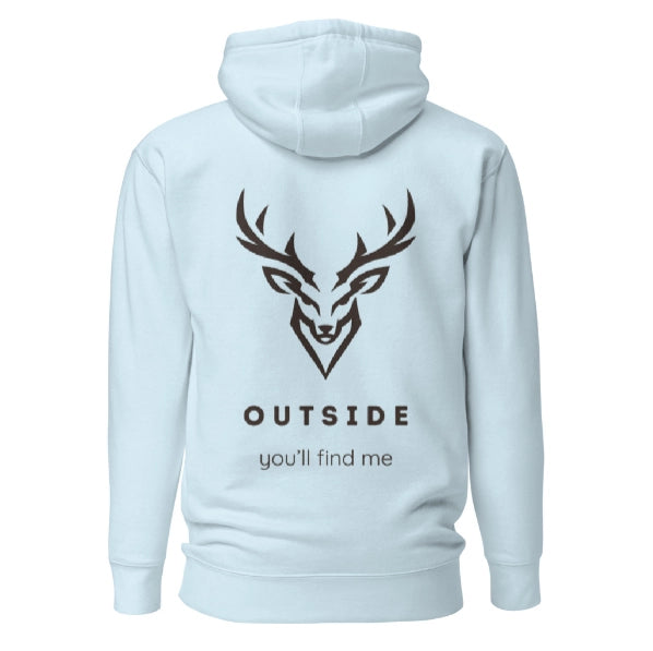 Outdoor Hoodie „Outside you'll find me“ – Hirsch Rückenprint Hoodie – Wander Hoodie – Natur Hoodie – Unisex Adventure Hoodie