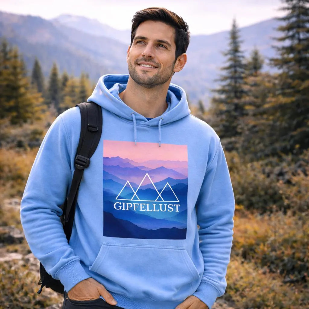 Mountain Hoodie Unisex – Bergmotiv Kapuzenpullover – Sunset Berge Design – Outdoor Hiking Hoodie – Geschenk für Wanderer | Gipfellust